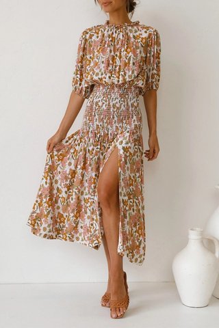 Floral Shirred Waist Slit Midi Dress