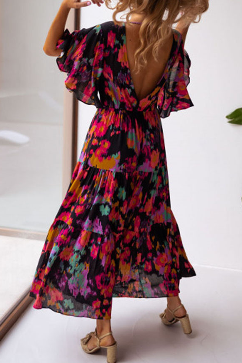 V Neck Floral Bat Maxi Dress