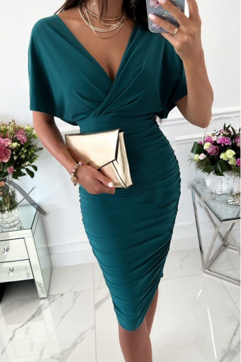 Bat Sleeve V Neck Ruched Midi Dress