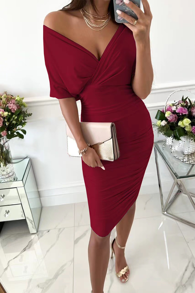 Bat Sleeve V Neck Ruched Midi Dress