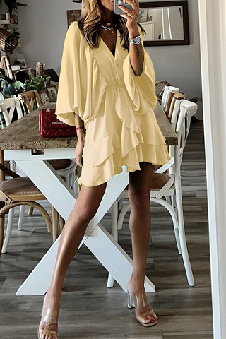 Ruffle Bat Sleeve V Neck Button Mini Dress