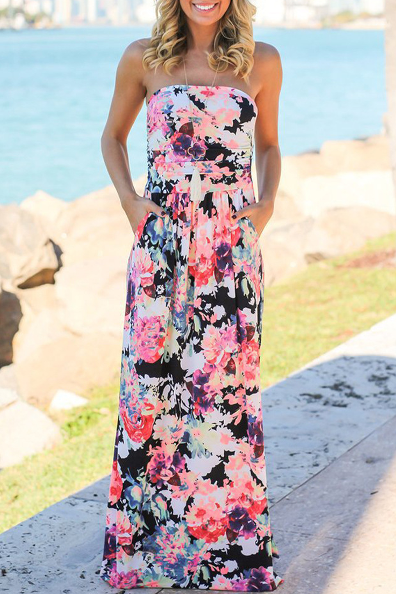 Print Strapless Pockets Maxi Dress