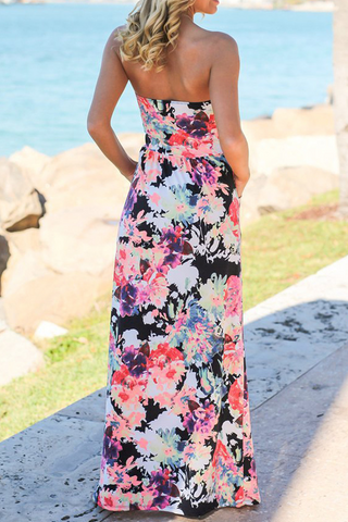 Print Strapless Pockets Maxi Dress