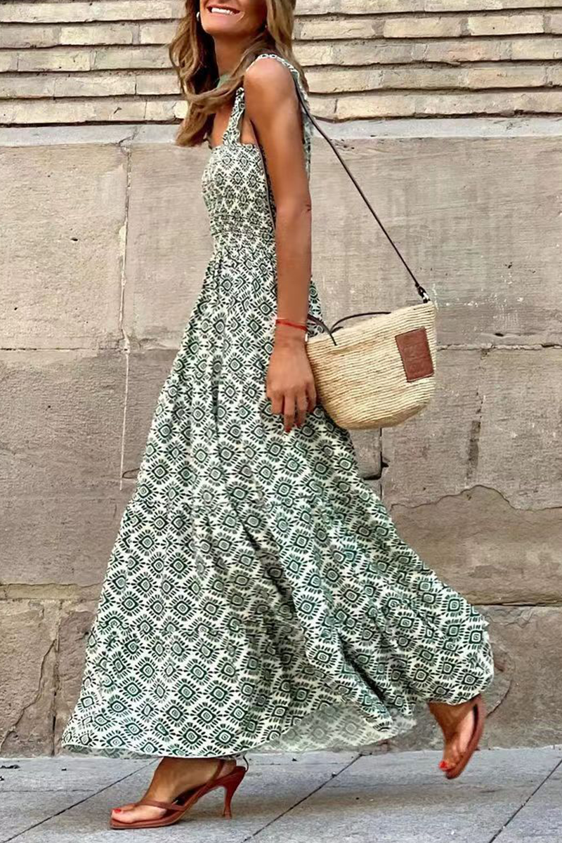 Printed Smocked Ruffle Maxi Dress