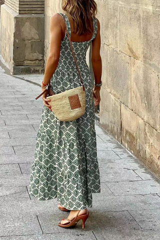 Printed Smocked Ruffle Maxi Dress