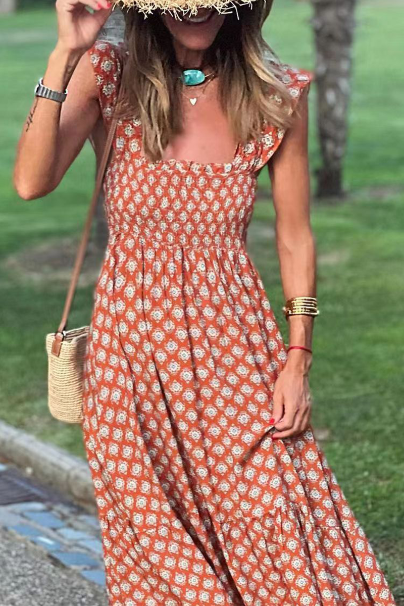 Printed Smocked Ruffle Maxi Dress