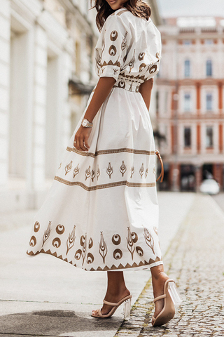 Print Button Belted Maxi Dress