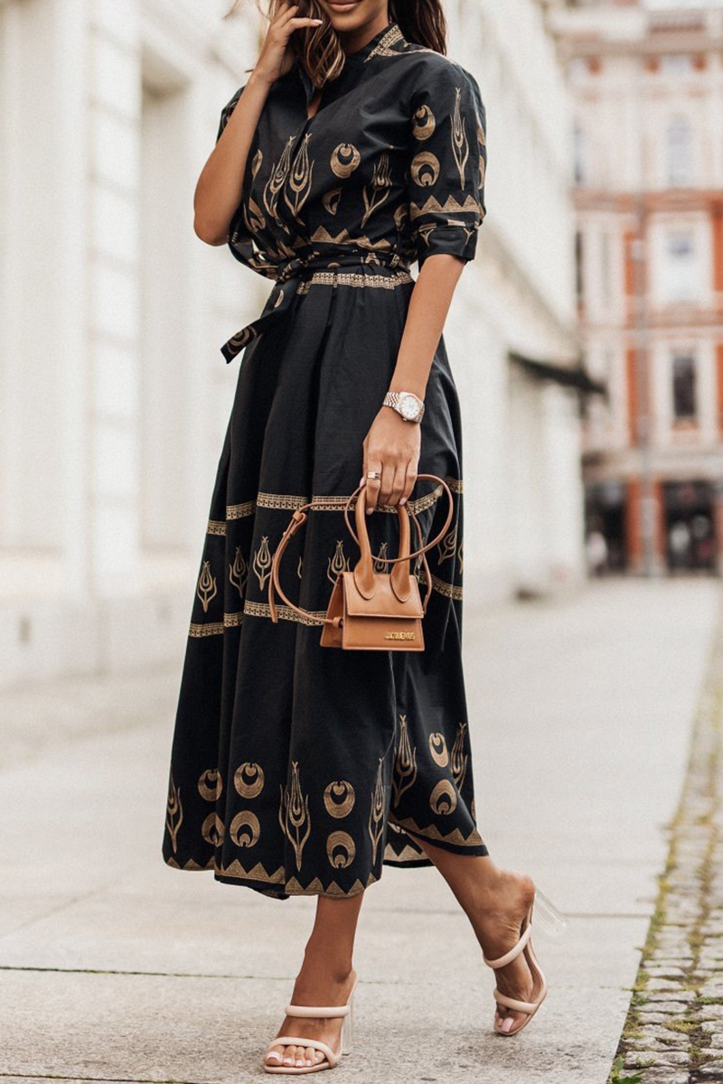 Print Button Belted Maxi Dress