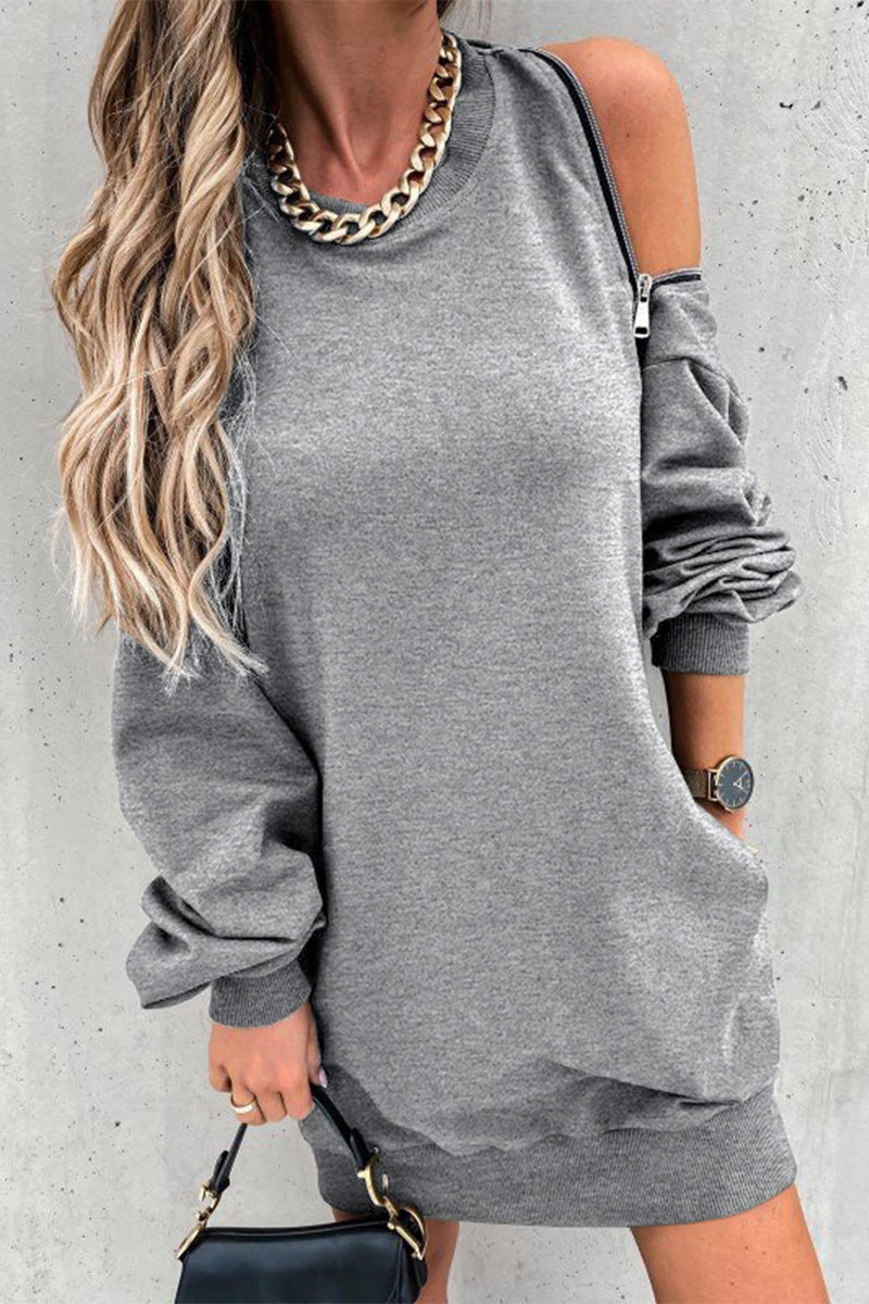 Zipper Slit O Neck Hoodie Dress