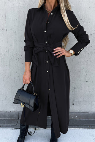 Single Breasted Tie Waist Midi Shirt Dress