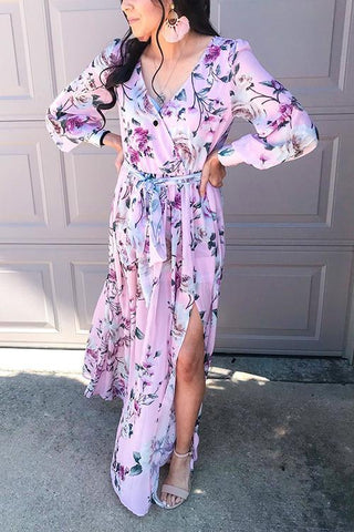 Button Puff Sleeve Belted Maxi Dress