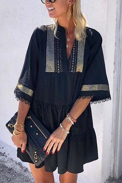 Print Tassels V Neck Mini Dress