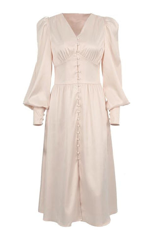 Satin Button Puff Long Sleeve Dress