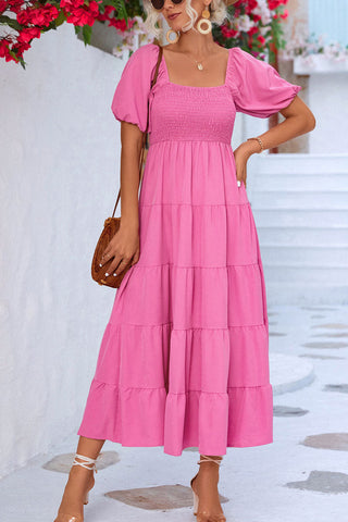 Smocked Off Shoulder Bubble Sleeve Slit Dress