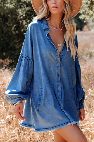 Frayed Hemline Button Long Sleeve Denim Dress