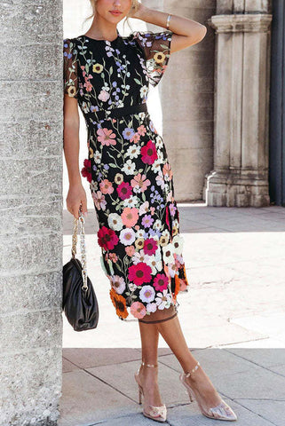 Floral Applique Slit Midi Dress