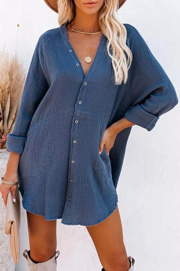 Button Pockets Shirt Mini Dress