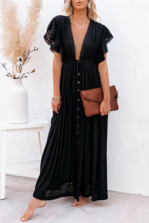 Button Drawstring Waist Bat Maxi Cover Dress