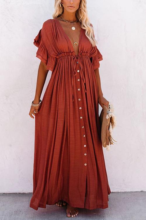 Button Drawstring Waist Bat Maxi Cover Dress