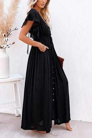 Button Drawstring Waist Bat Maxi Cover Dress