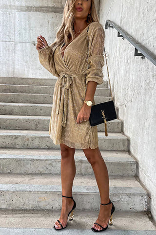 Pleated Long Sleeve Wrap Mini Dress