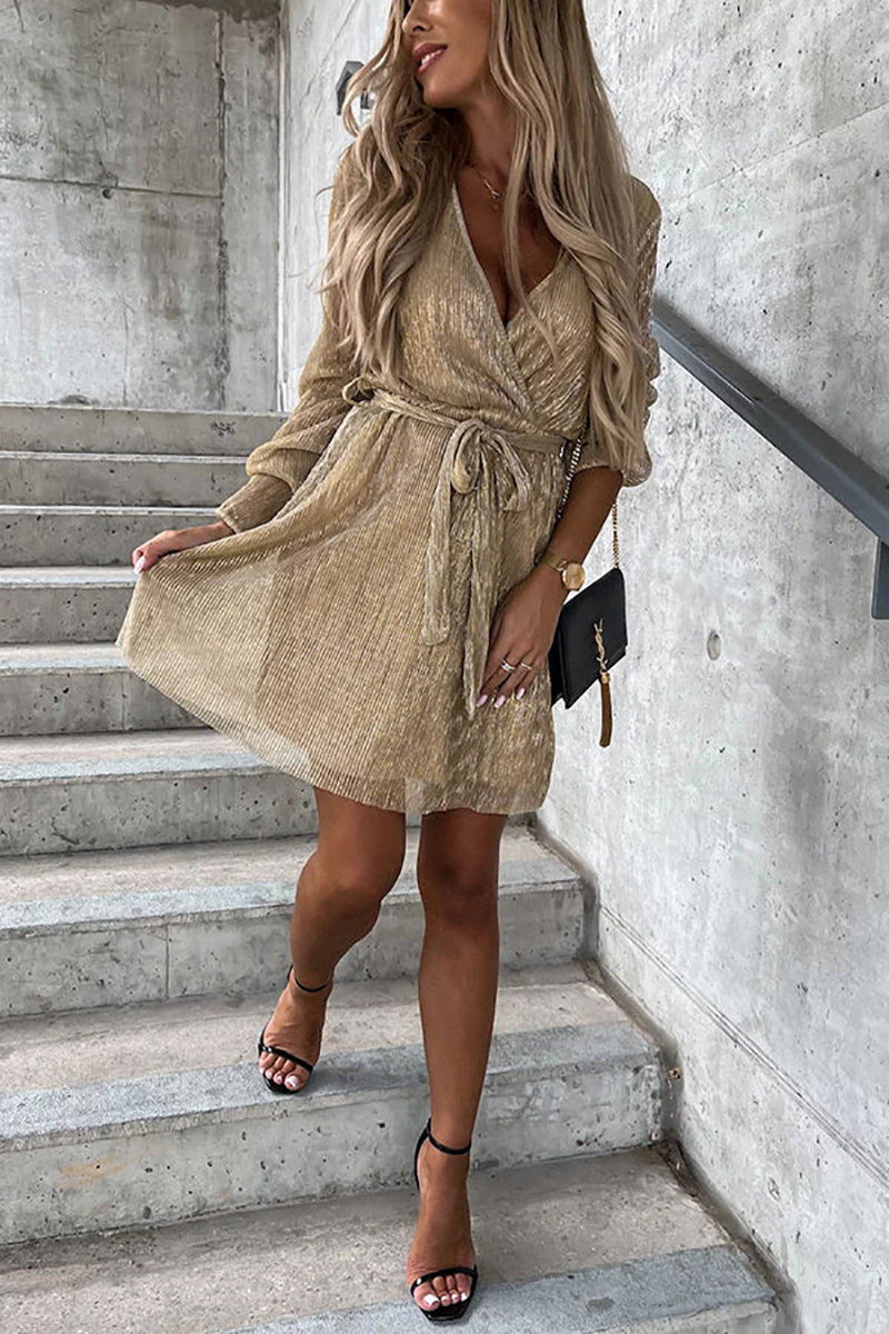 Pleated Long Sleeve Wrap Mini Dress