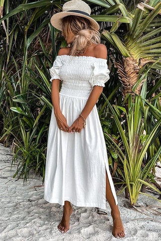 Smocked Off Shoulder Slit Dress