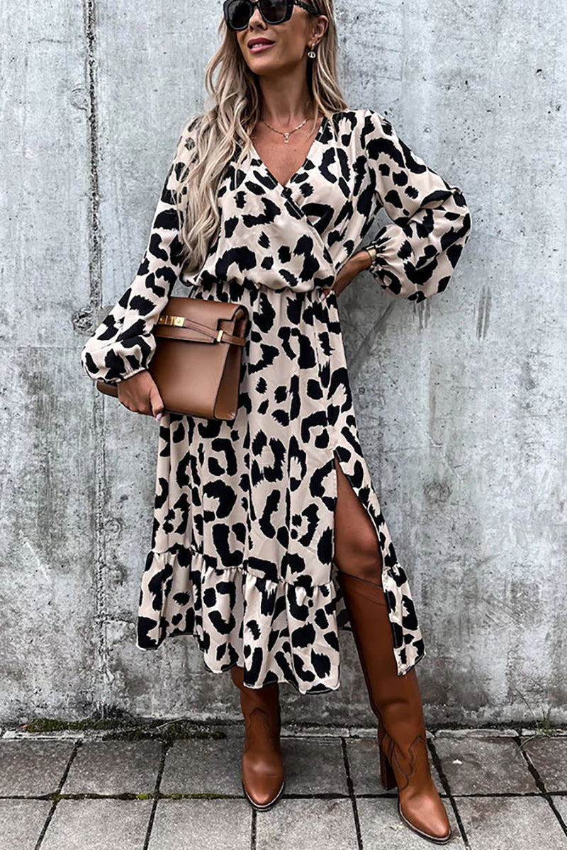 Leopard Long Sleeve Slit Midi Dress