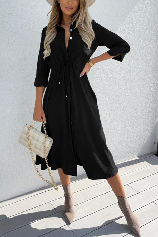 Drawstring Waist Button Midi Dress