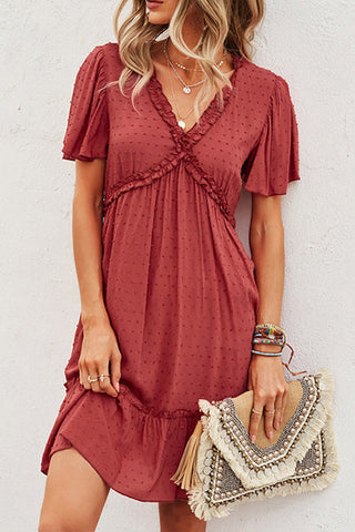 Solid color V Neck High Waist Casual Dress