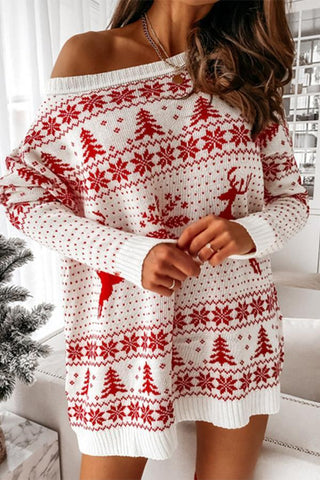 Christmas Print Dew Shoulder Sweater Dress