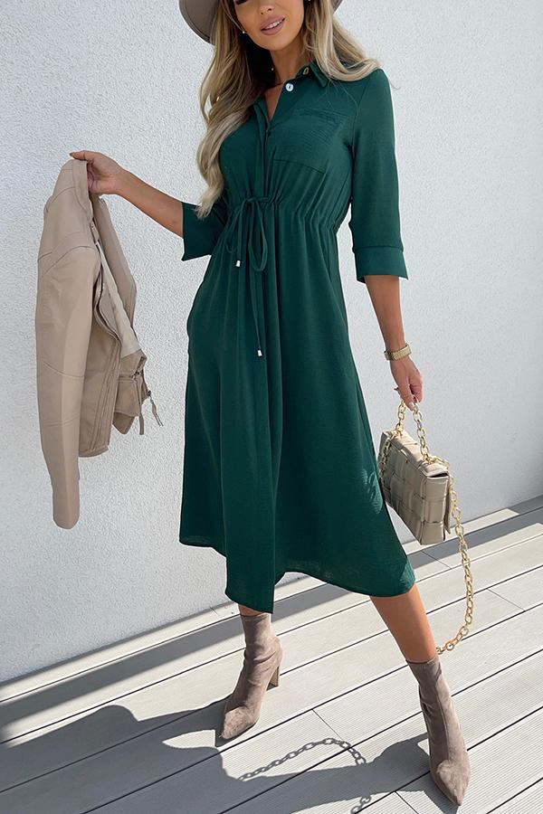 Drawstring Waist Button Midi Dress