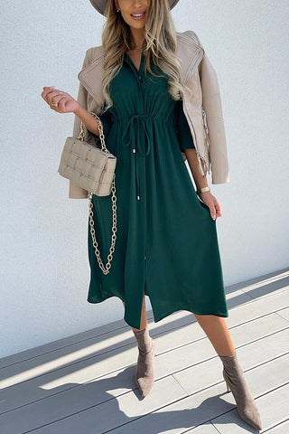 Drawstring Waist Button Midi Dress