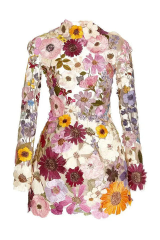 Elegantly Enchanted Floral Applique Backless Long Sleeve Mini Dress