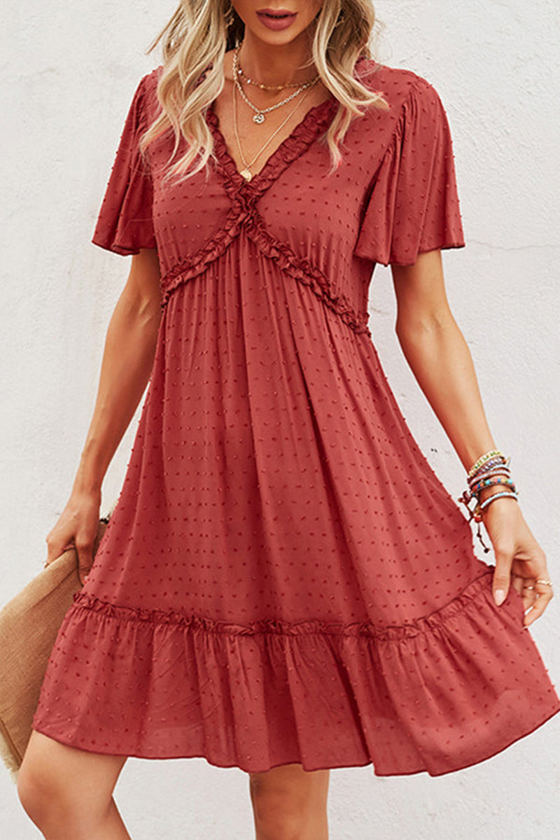 Solid color V Neck High Waist Casual Dress