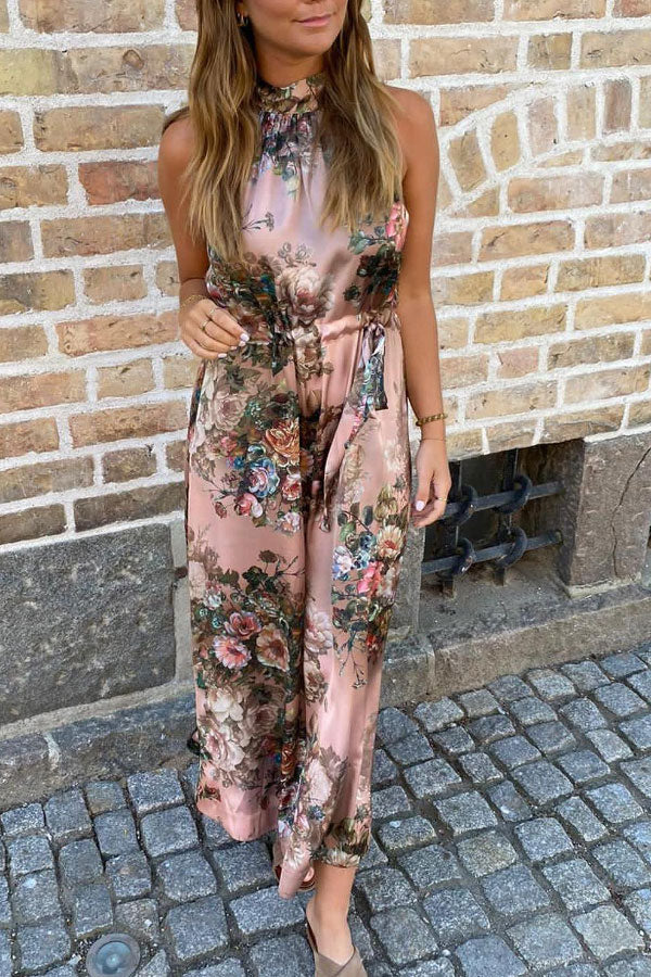 Elegant Vintage Rose Print Halter Neck Maxi Dress