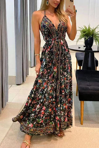 Printed Backless Vacation Maxi Dress