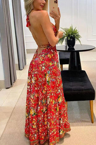 Printed Backless Vacation Maxi Dress