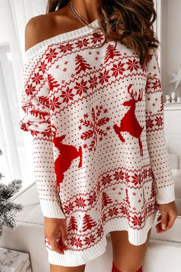 Christmas Print Dew Shoulder Sweater Dress