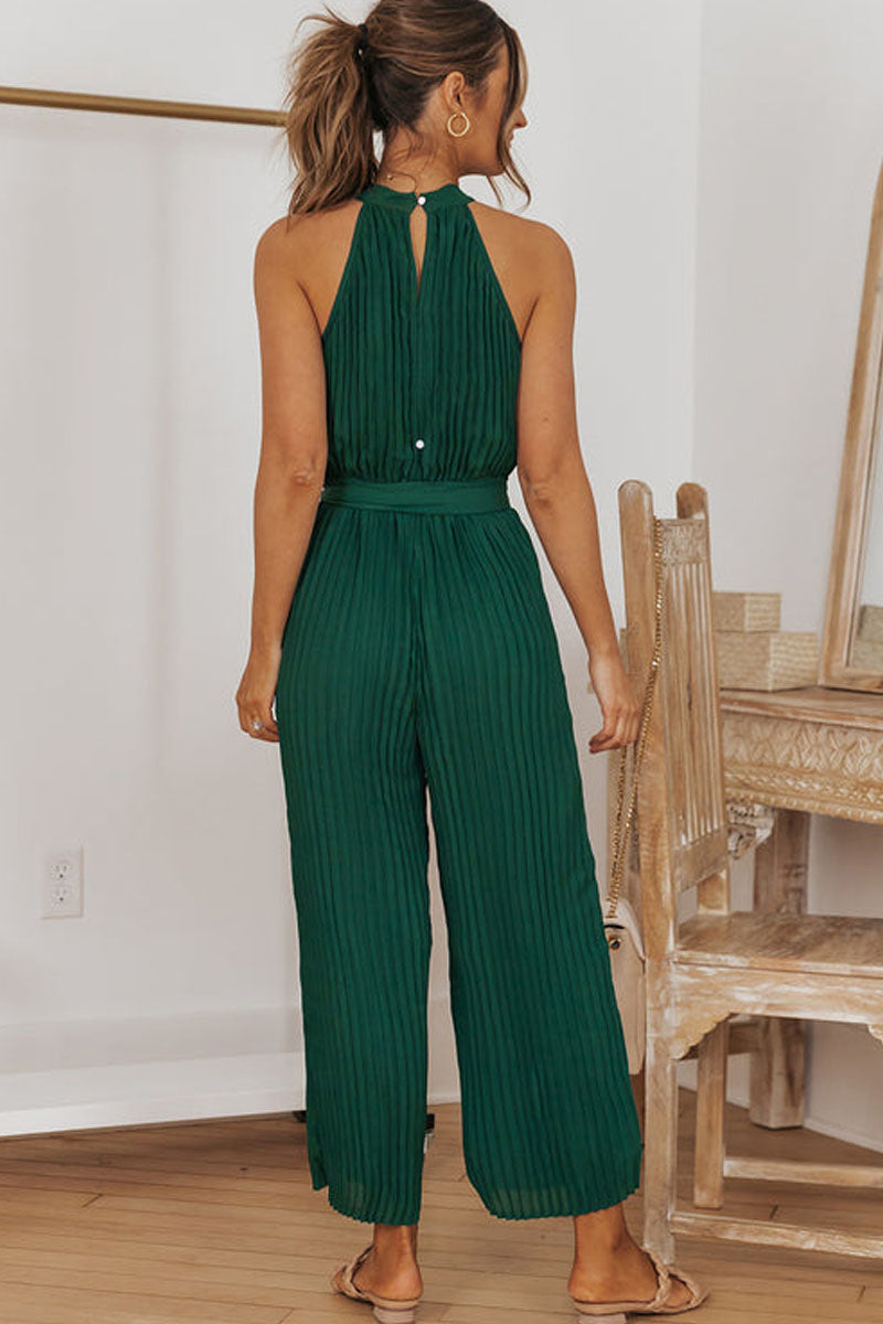 Accordion-pleated Belted Grecian Neck Sleeveless Jumpsuit