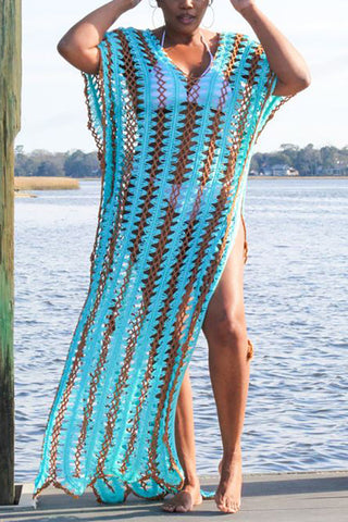 Stripe V Neck Side Slit Hollow Caftan Dress