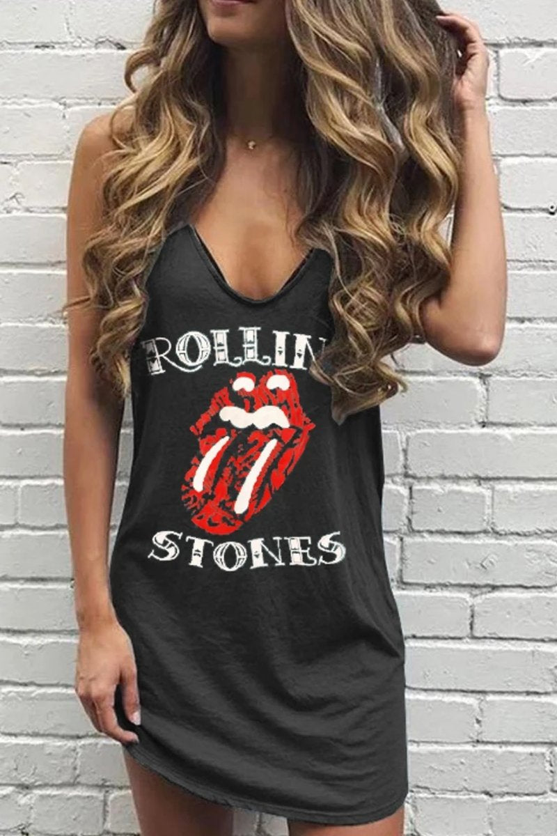 Lip Print Rolling Stones Blue Mini Dress