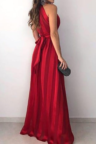 Stripe V Neck Belted Sleeveless Maxi Dress