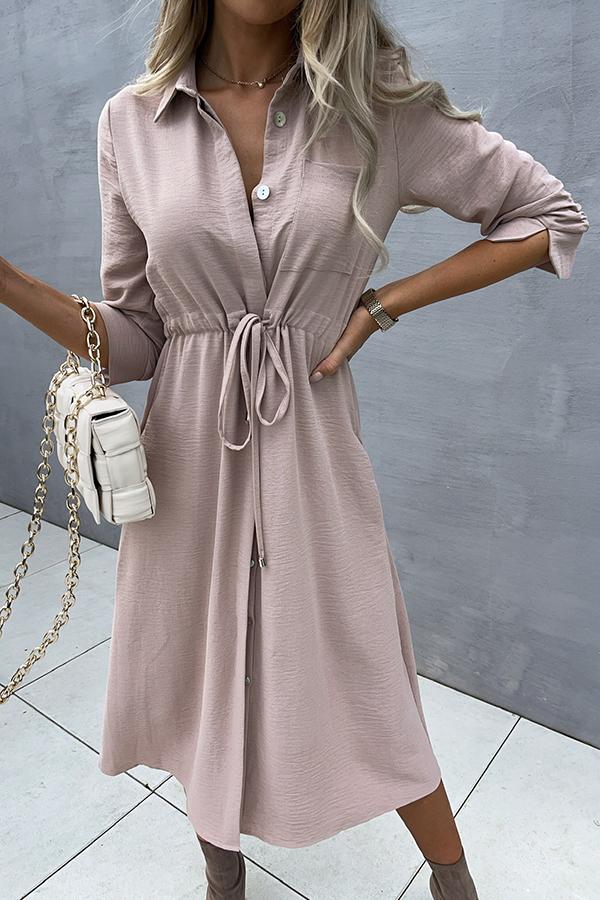 Drawstring Waist Button Midi Dress