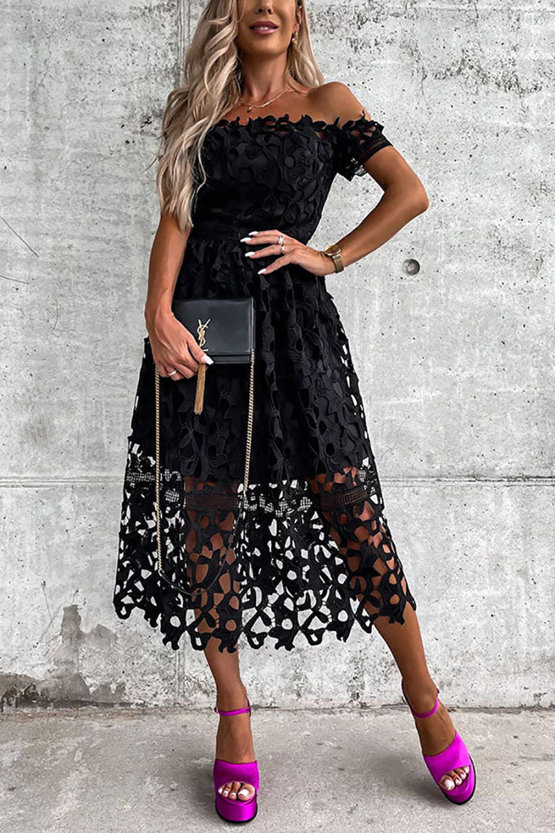 Off Shoulder Crochet Lace Prom Dress