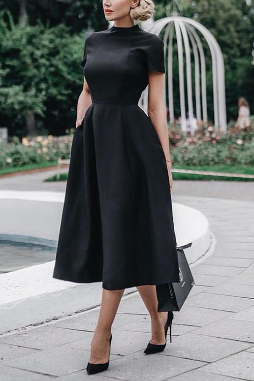 Solid Short Sleeve A Line Dress