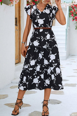 Floral V Neck Beach Ruffle Sleeve Midi Dress