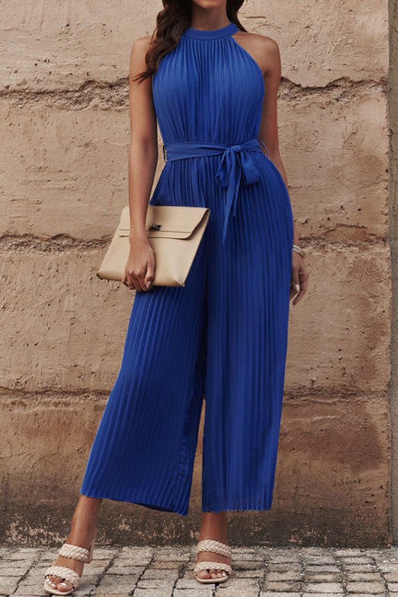 Accordion-pleated Belted Grecian Neck Sleeveless Jumpsuit