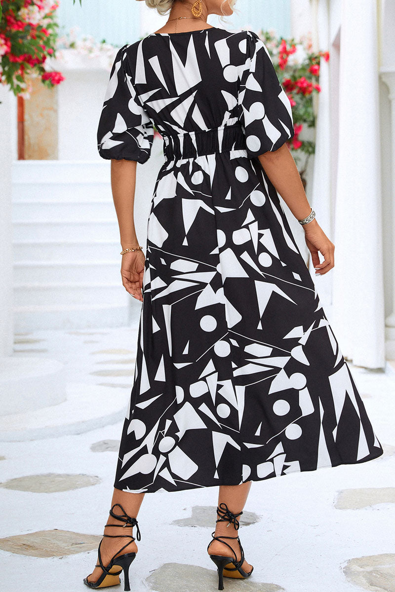 Print V Neck Beach Bubble Sleeve Midi Dress