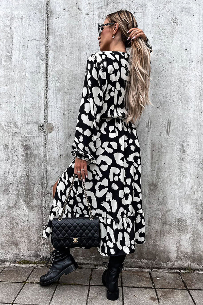 Leopard Long Sleeve Slit Midi Dress